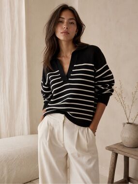 Aritzia Wilfred Clara Wool Polo Sweater XXS Black Cream Stripe Coastal Preppy